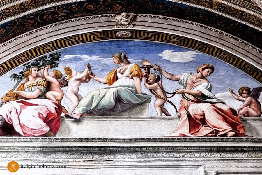Fresco detail of the Cardinal and Theological Virtues in the Raphael Rooms