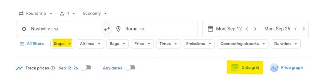 Screen shot of Google Flights with filter options.