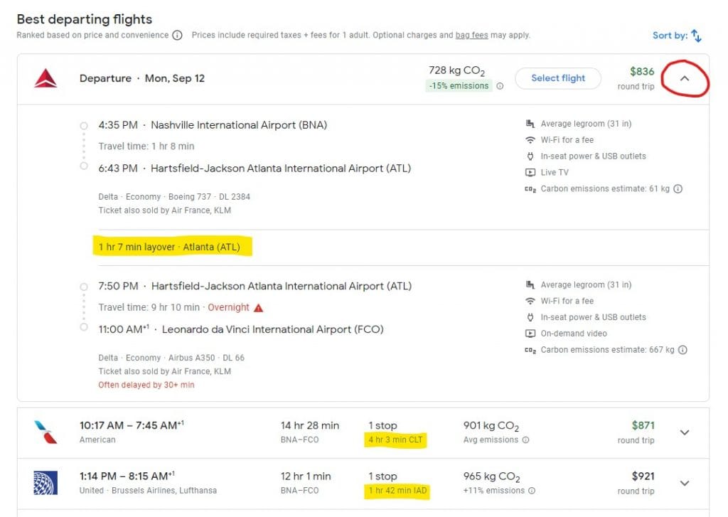Screen shot of Google Flights showing departing flight information.
