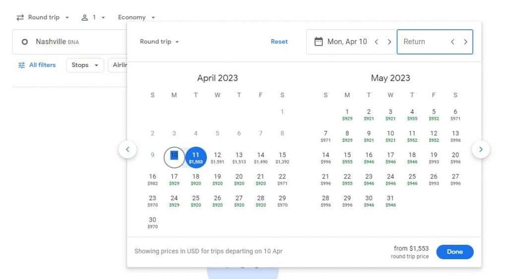 Screen shot of Google Flights showing calendar of dates and prices.