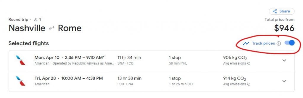 Screen shot of Google Flights showing track prices feature.