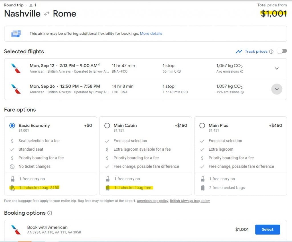 Screen shot of Google Flights showing fare options.