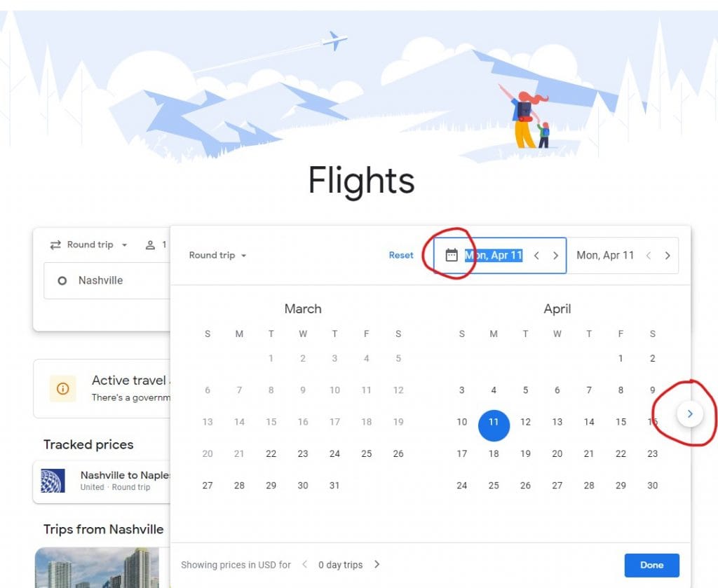 Screen shot of Google Flights showing calendar to set date options.