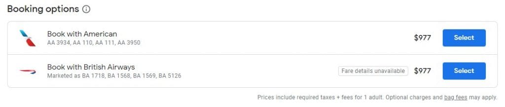 Screen shot of Google Flights with booking options.