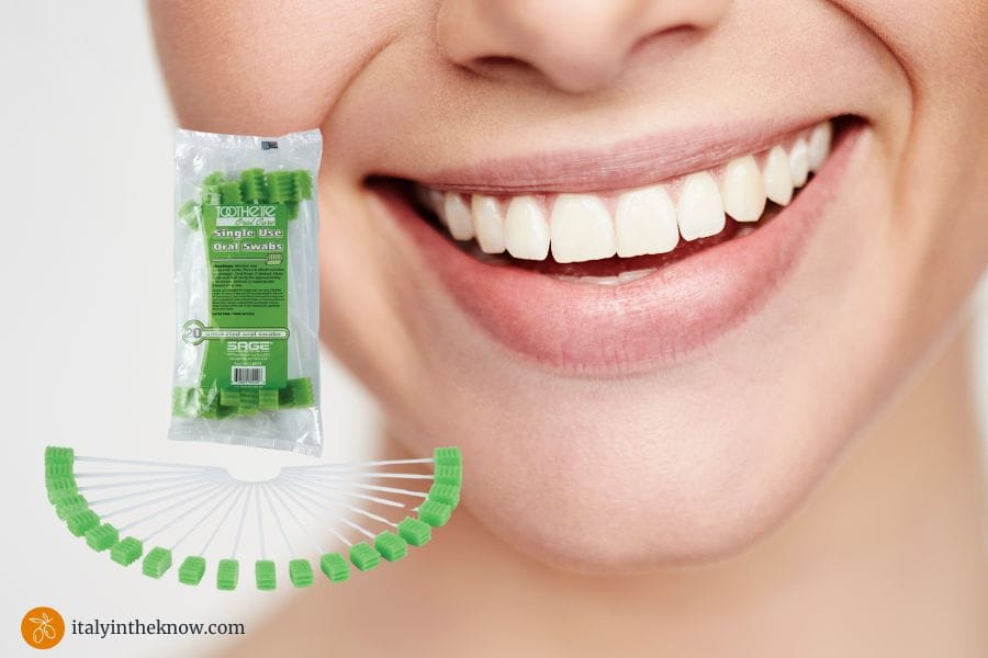Woman smiling with an overlay of a package of oral swabs