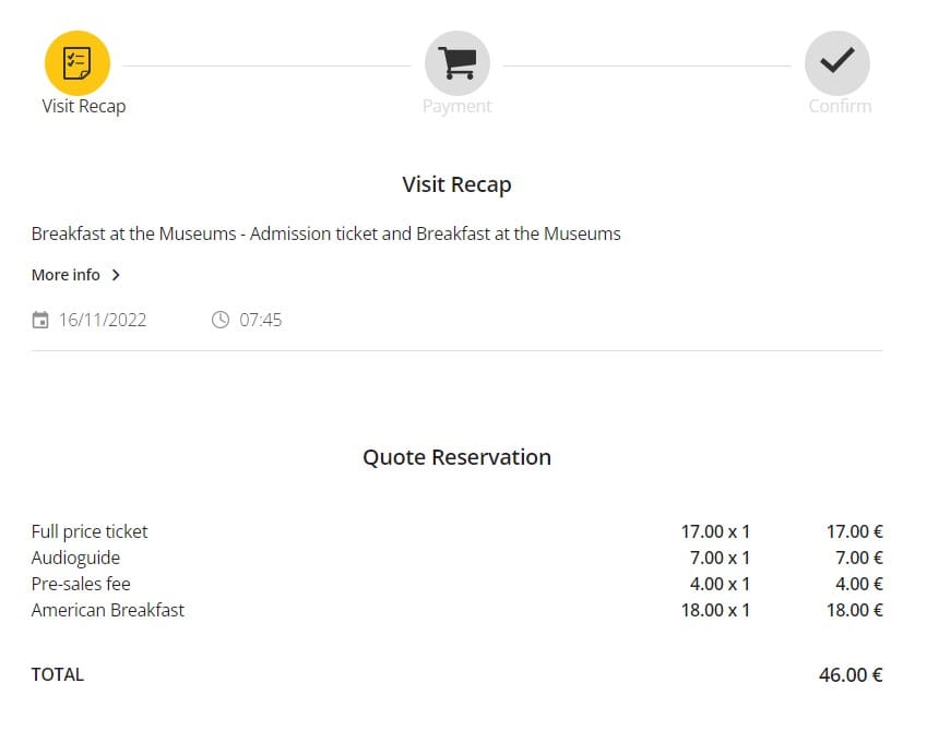 Screen shot showing recap of what was booked