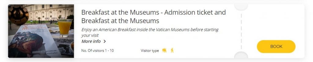 Screen shot showing the Breakfast at the Museums option for visiting the Vatican Museums