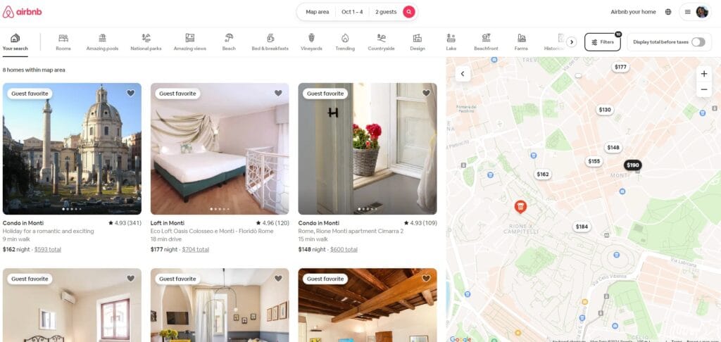 Airbnb screen with time to destination by transportation type