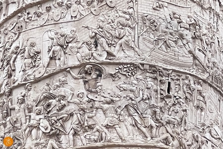 Picture of a close up of Trajan's Column with Zeus in the sky ready to throw a thunderbolt at the Dacians