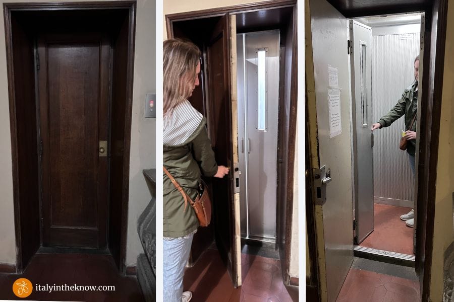 Italian elevator with doors closed, partially open, and fully open