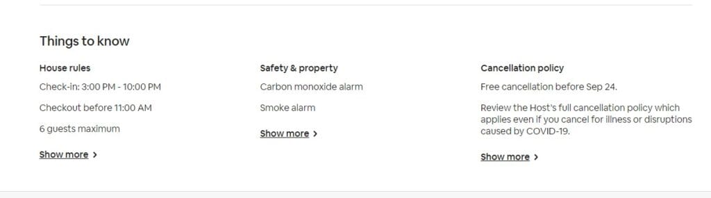 House rules and cancellation policy in an individual Airbnb listing