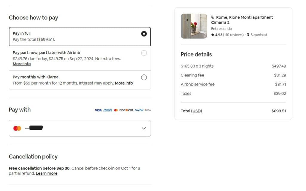 Booking screen on Airbnb