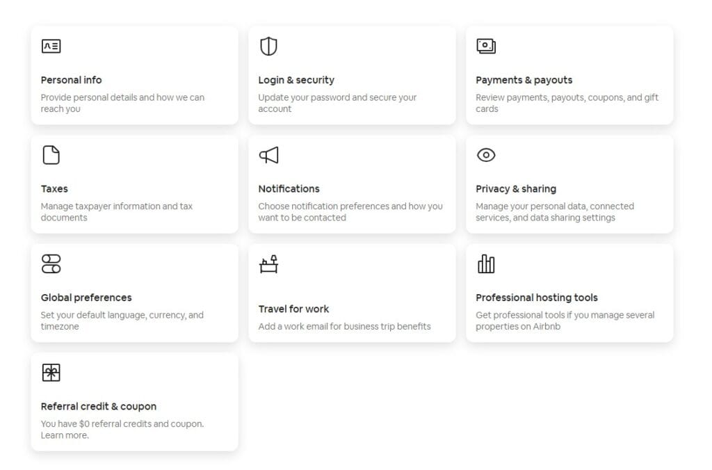 Airbnb account management options