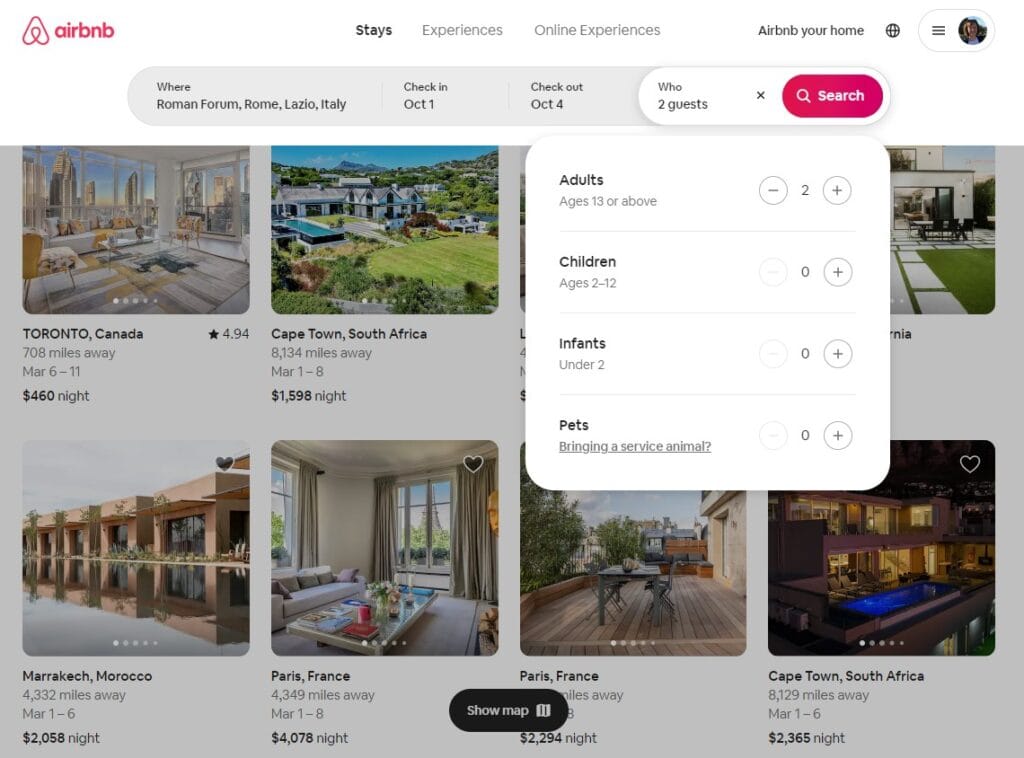 Airbnb main screen using the Roman Forum, a point of interest, as the destination