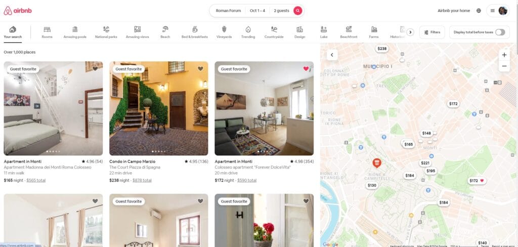 Airbnb screen indicating over 1,000 place from search results after filters have been added