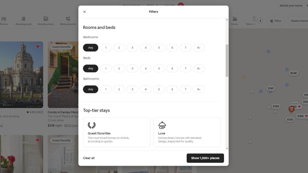 Airbnb screen with filter options, including Guest Favorites