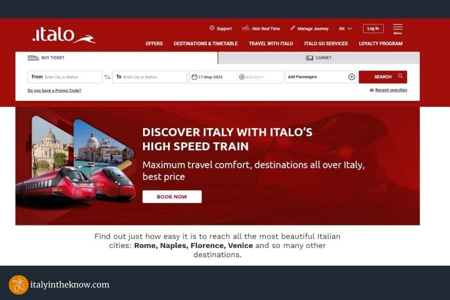 Picture of booking screen for Italo
