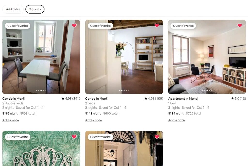 Airbnb listings with per night rate and total before taxes