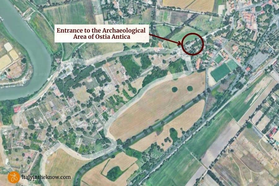 Aerial view of Ostia Antica showing entrance and borders