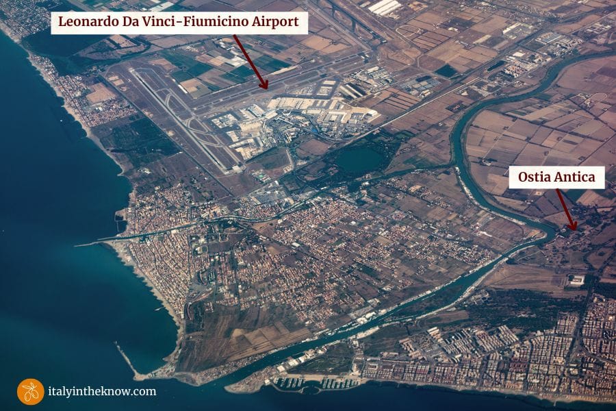 Aerial view of Ostia Antica and Fiumicino Airport area