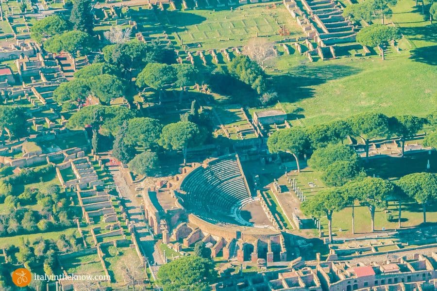 Aerial view of Ostia Antica showing the theater and Decumanus Maximus