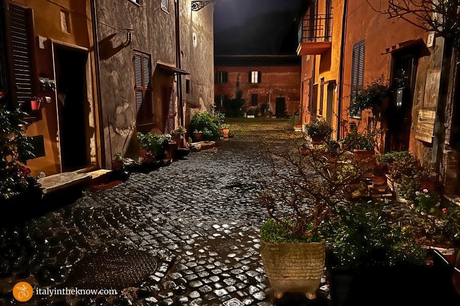 Street of the Village of Ostia Antica at night