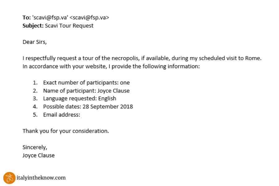 Email of Scavi Tour Request