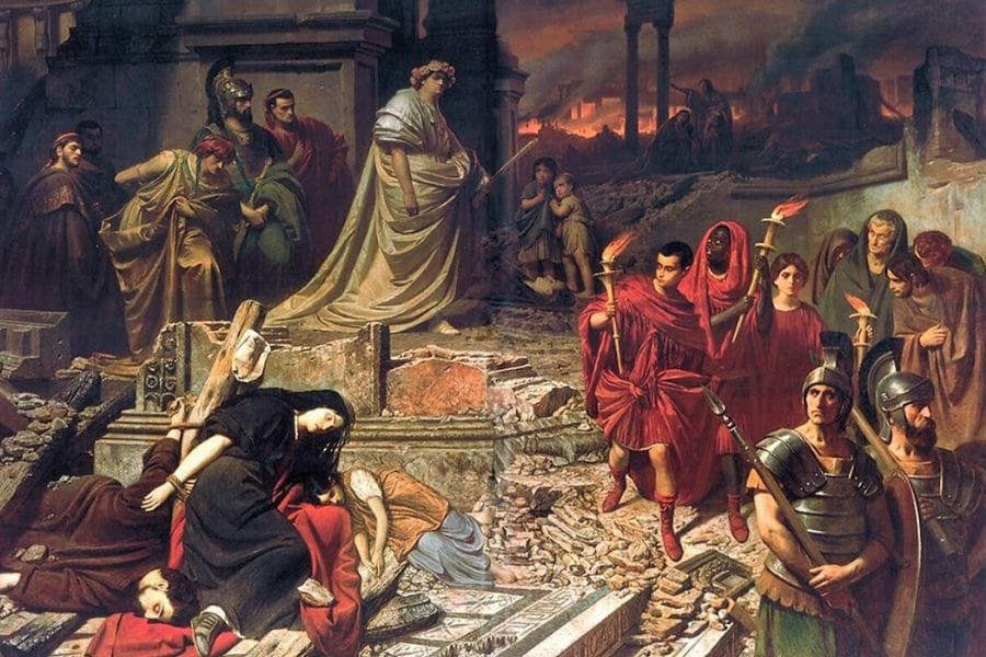 Painting titled Nero Views the Burning of Rome by Carl Theodor von Piloty