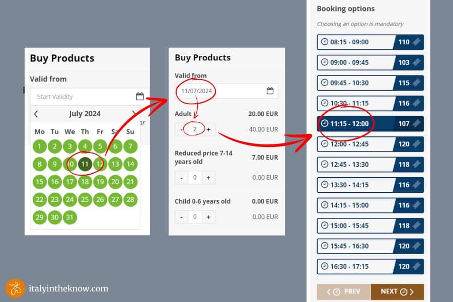 Screenshots of the process for purchasing a ticket