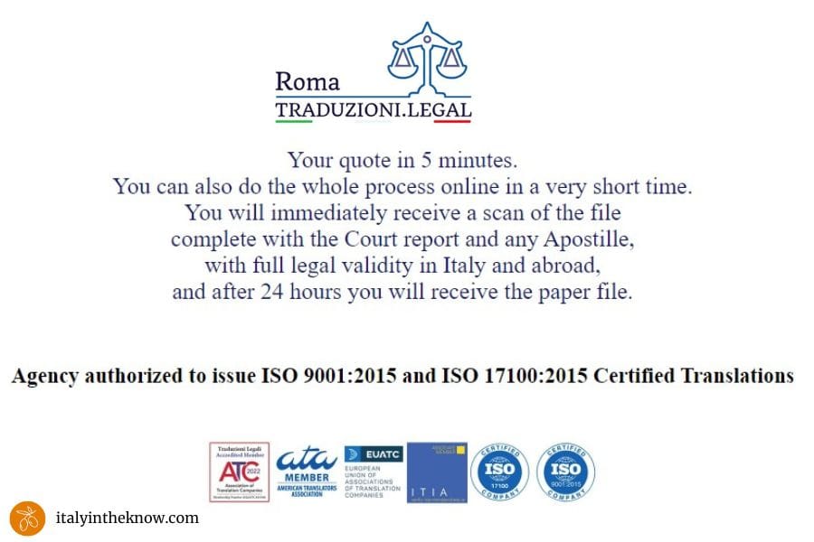 Website for translation services showing certifications