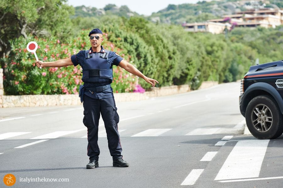 Police check point on road in Italy