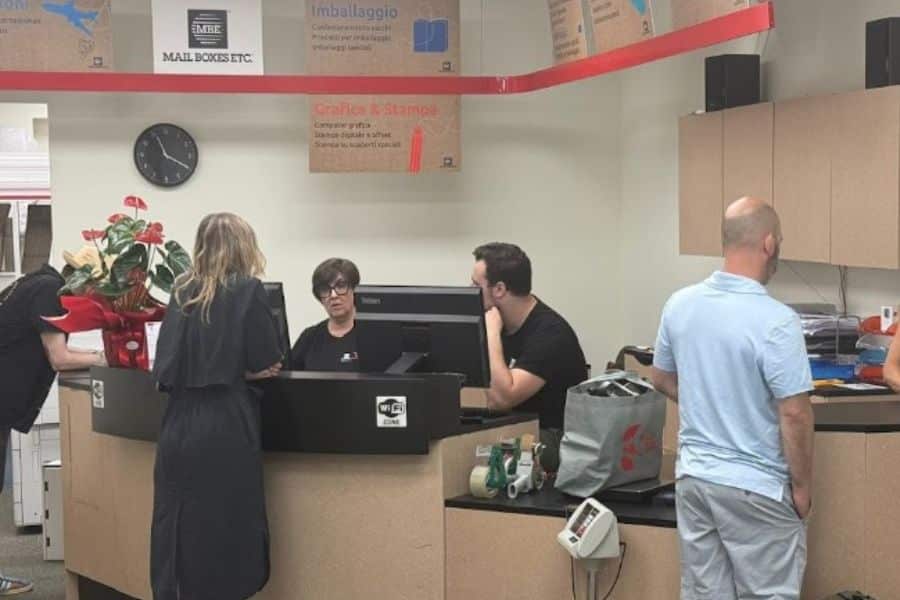 Store interior with counter and shipping supplies