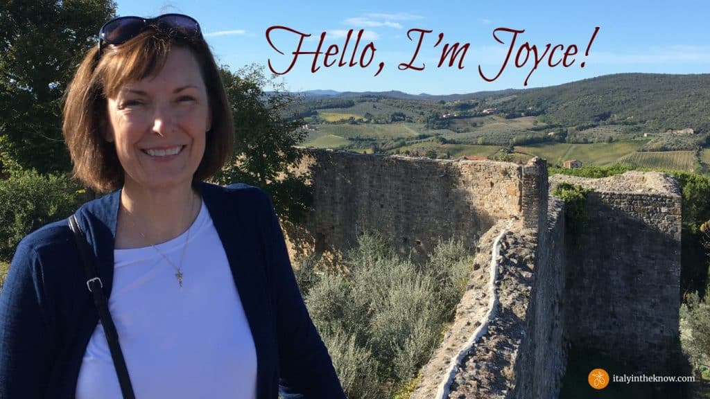 Joyce with landscape outside San Gimignano, Italy