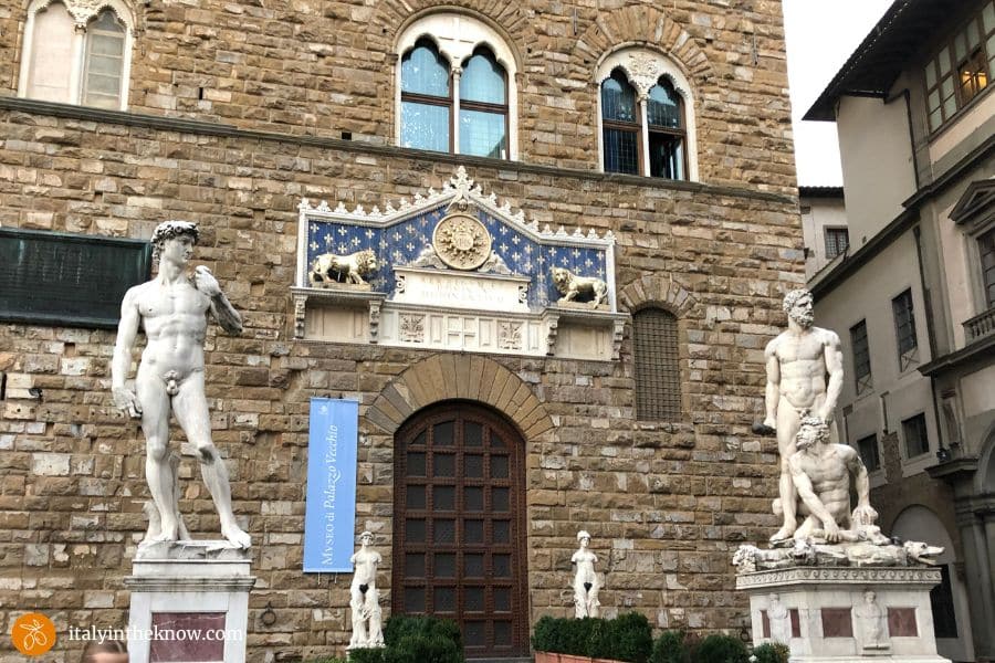Four statues in front of the Palazzo Vecchio.