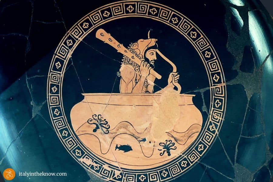 Detail of Hercules in the interior of a ceramic cup.