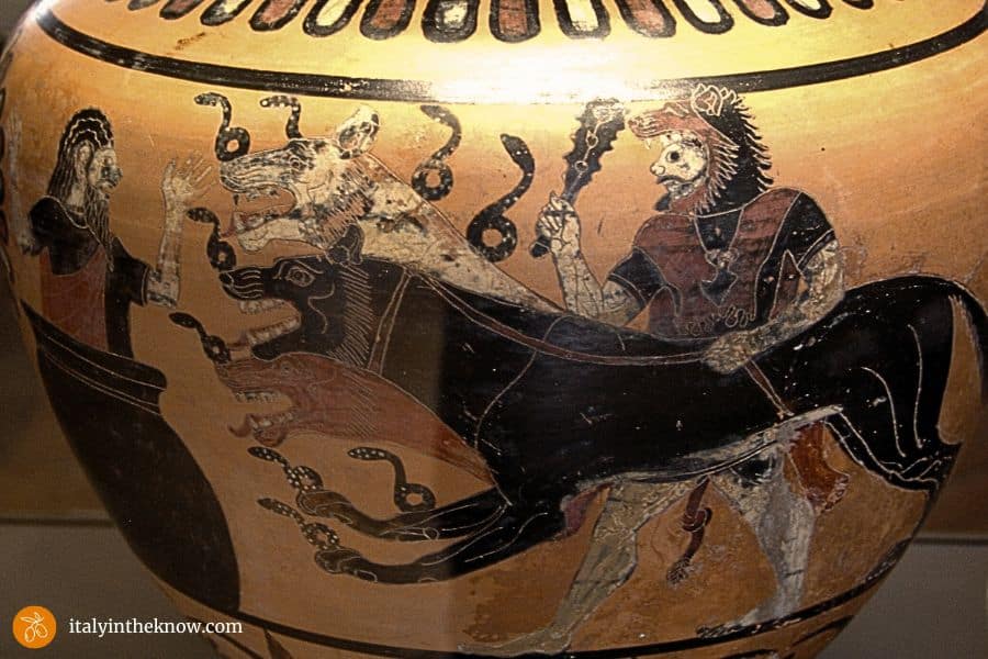 Detail of ceramic pot showing King Eurystheus, Cerberus, and Hercules.