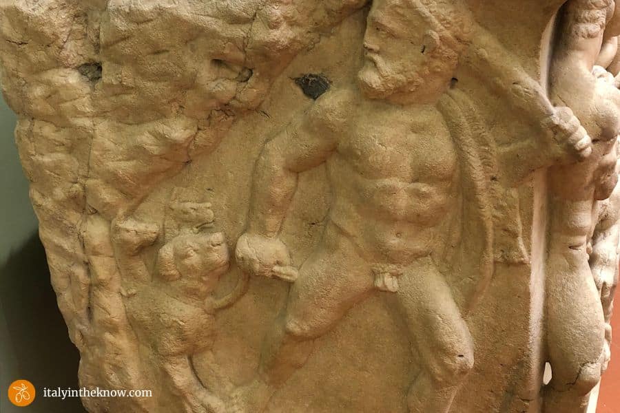 Detail of sarcophagus showing Hercules and Cerberus.