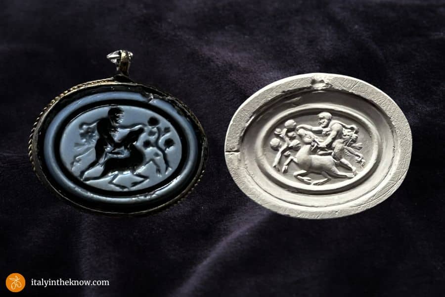 Intaglio gem and impression of Hercules and the Ceryneian Hind.