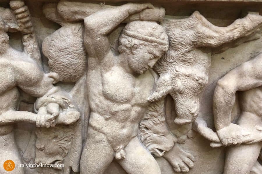 Detail of sarcophagus showing Hercules and the Erymantian Boar.