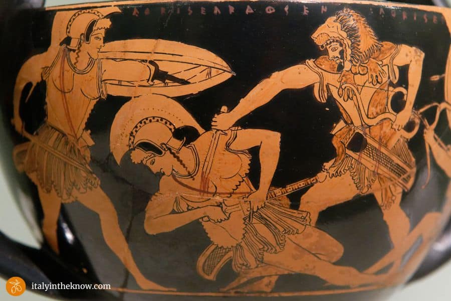 Detail of ceramic pot showing ancient battle.