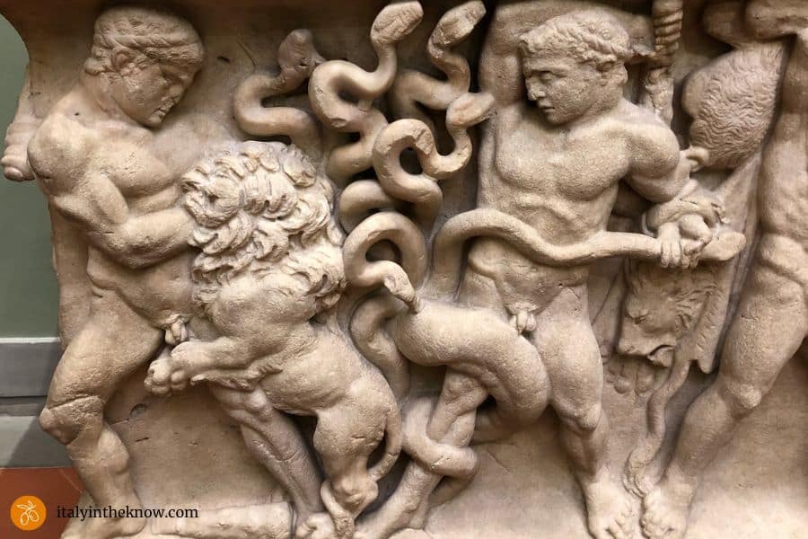 Detail of sarcophagus showing Hercules with Nemean Lion and Lernaean Hydra.