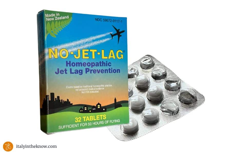 Package of No-Jet-Lag Tablets and inside packet of tablets.