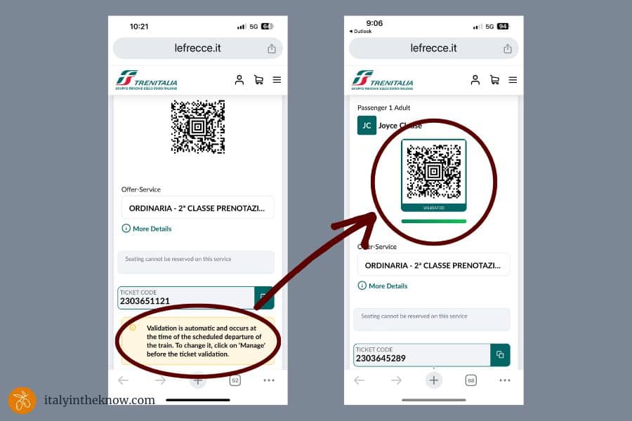 screen shots of Italian train tickets