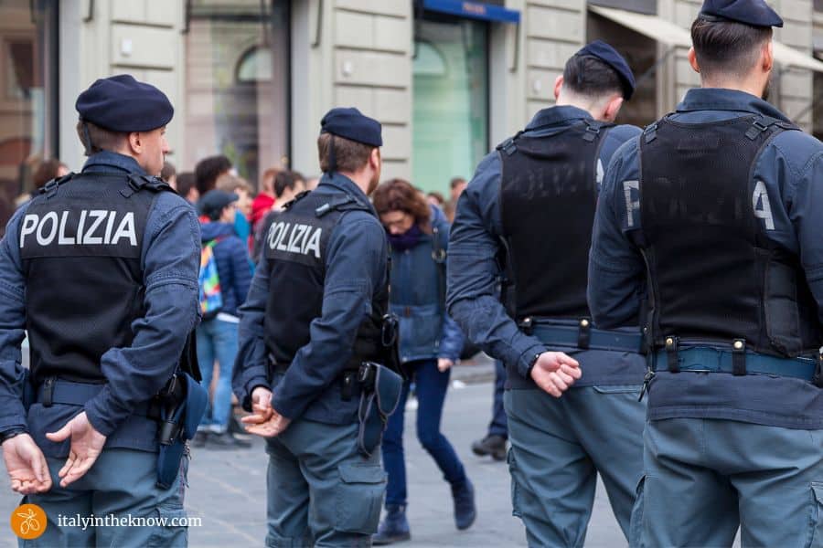 Group of police on a street in Rome with heightened security for Jubilee.